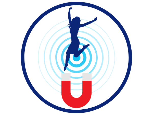 Icona magnetoterapia: magnete con onde e persona che salta simbolo di energia e benessere.